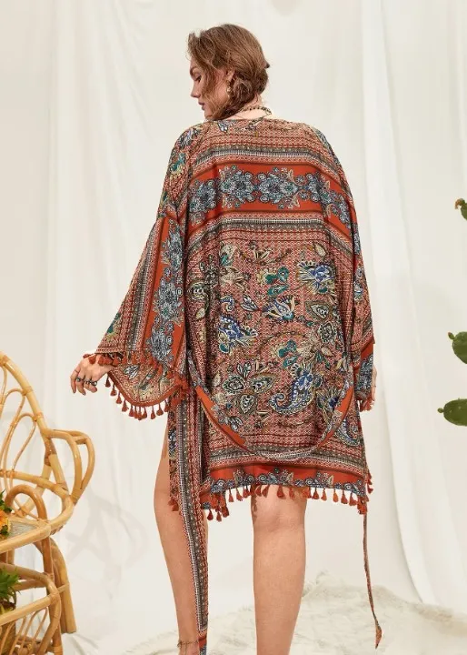 Nice Fringe Boho Kimono Earthy Colours sold by Boho Mood