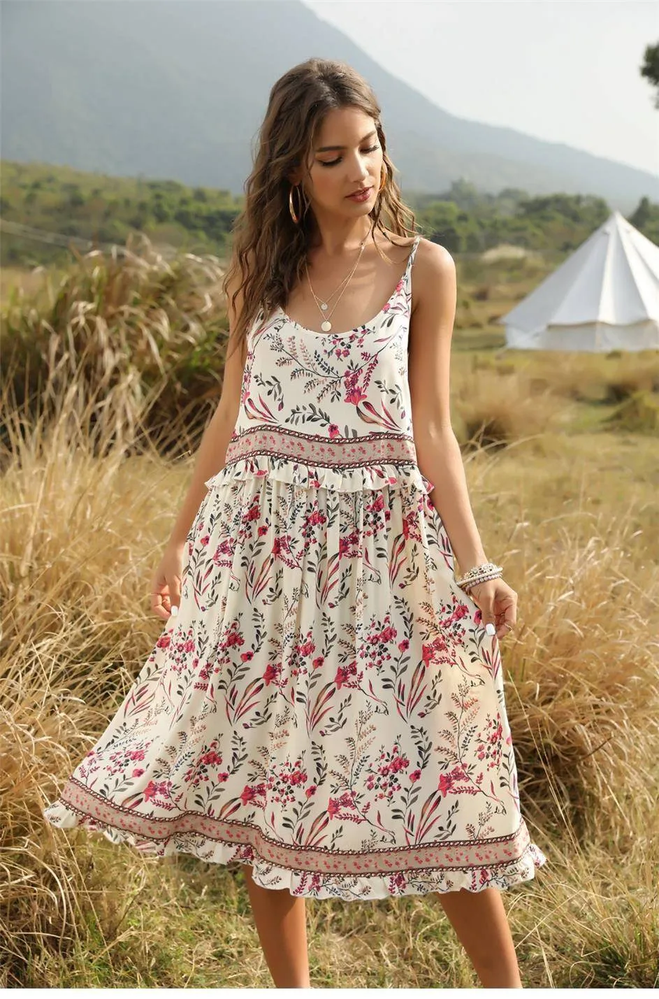 Bohemian Midi Dress in Off-White sold by Boho Mood