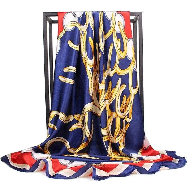 Boho scarf retro vintage navy blue printed golden and red sold by Boho Mood