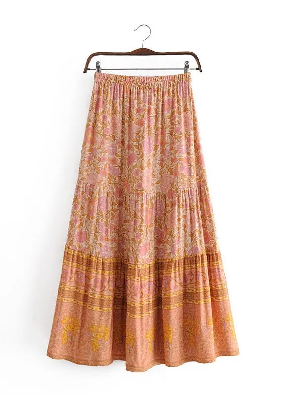 Boho Orange maxi Skirt with pink floral pattern sold by Boho Mood product image thumbnail 3