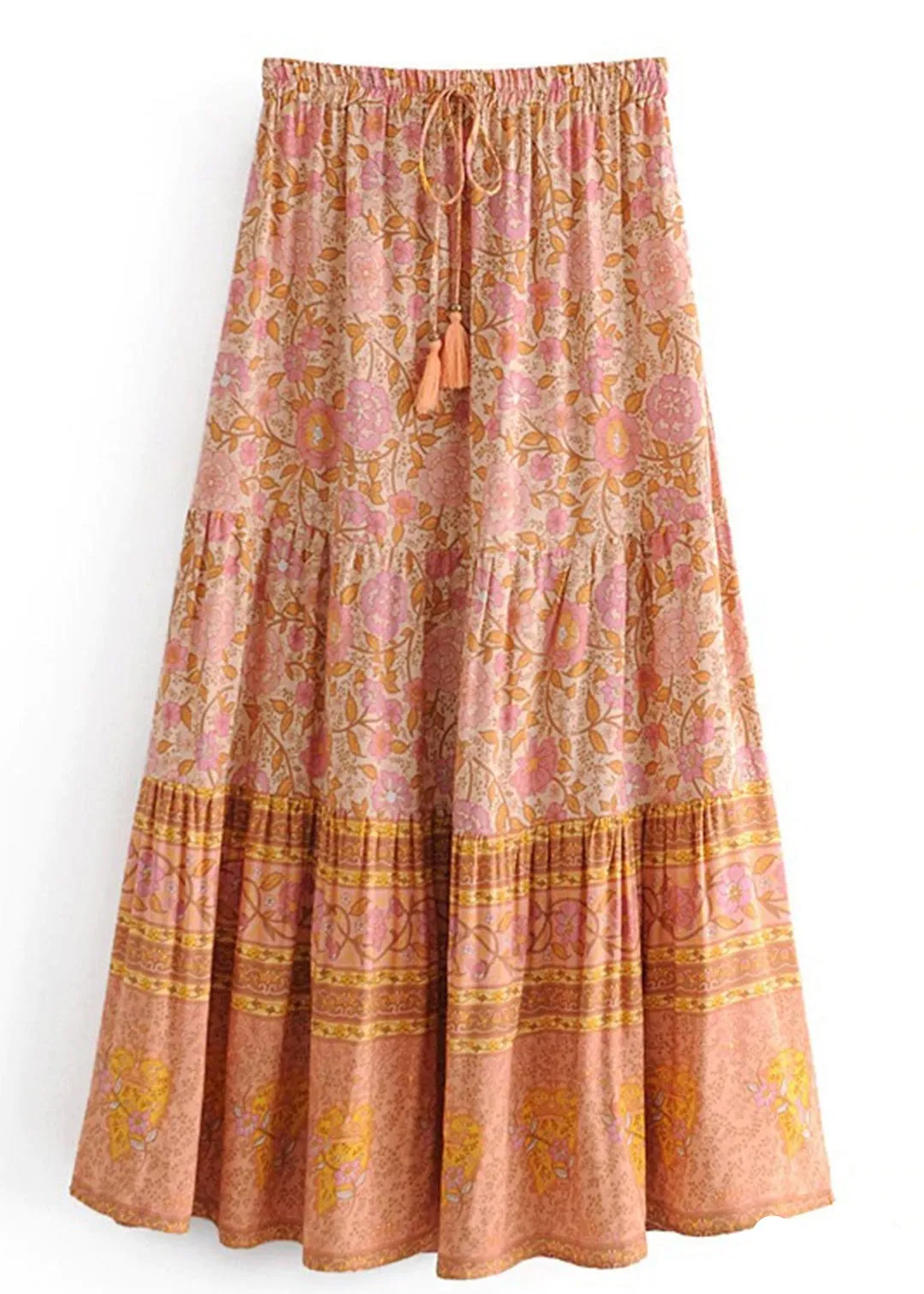 Boho Orange maxi Skirt with pink floral pattern sold by Boho Mood