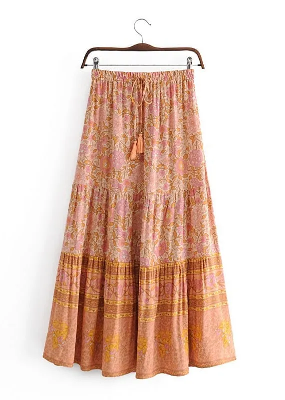 Boho Orange maxi Skirt with pink floral pattern sold by Boho Mood product image thumbnail 2