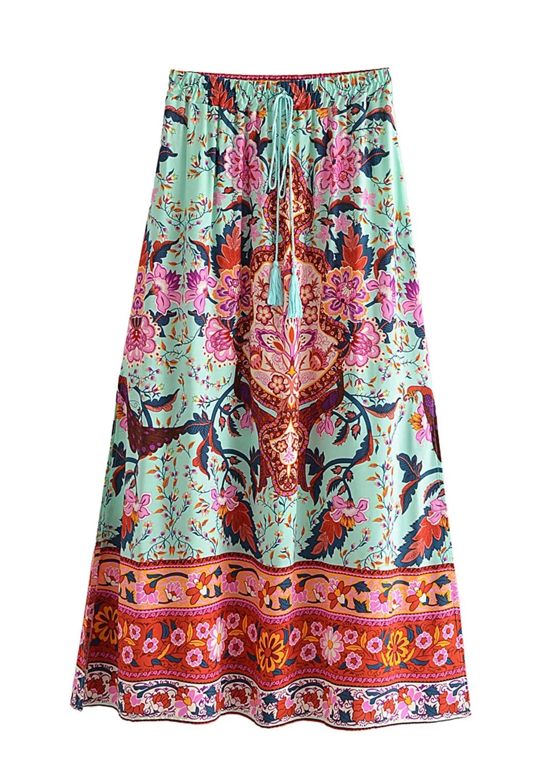 Boho Green maxi Skirt with pink floral print and Slits sold by Boho Mood