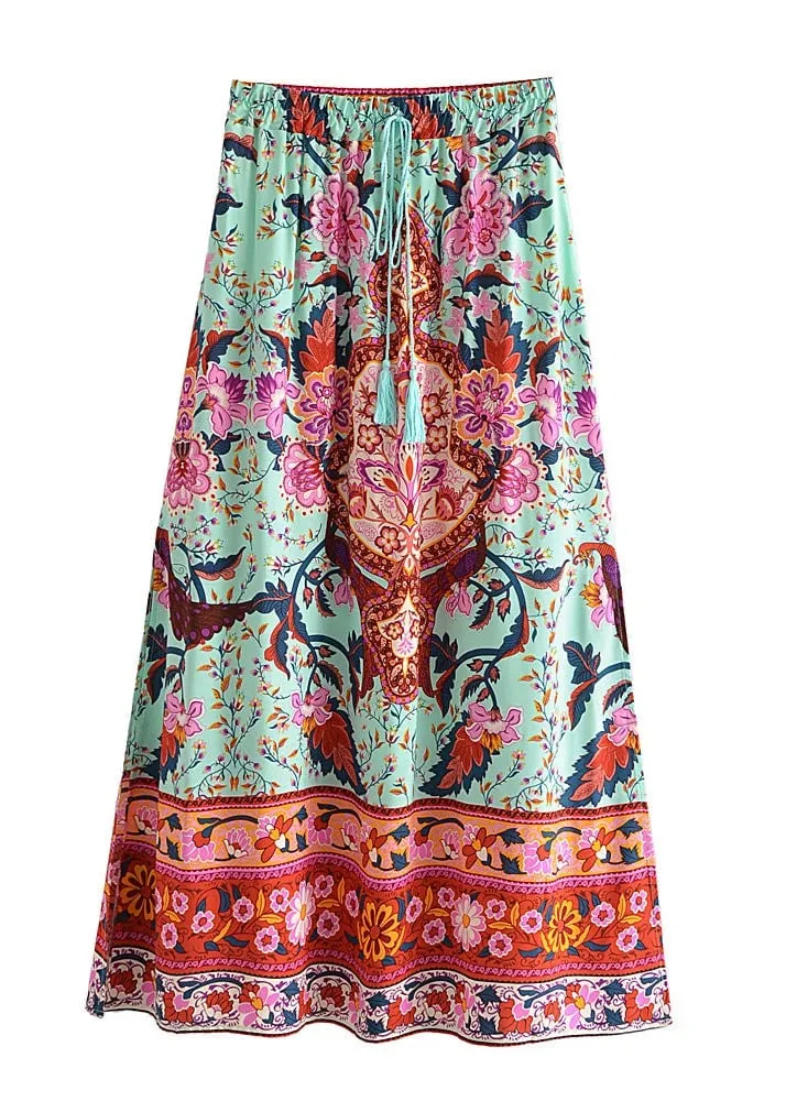 Boho Green maxi Skirt with pink floral print and Slits sold by Boho Mood product image thumbnail 2