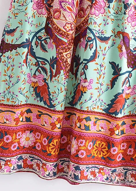 Boho Green maxi Skirt with pink floral print and Slits sold by Boho Mood product image thumbnail 4