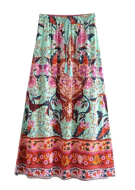 Boho Green maxi Skirt with pink floral print and Slits sold by Boho Mood product image thumbnail 3