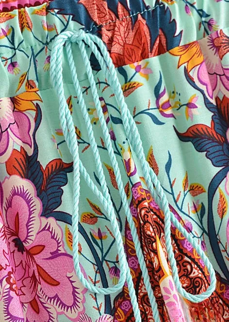 Boho Green maxi Skirt with pink floral print and Slits sold by Boho Mood product image thumbnail 5