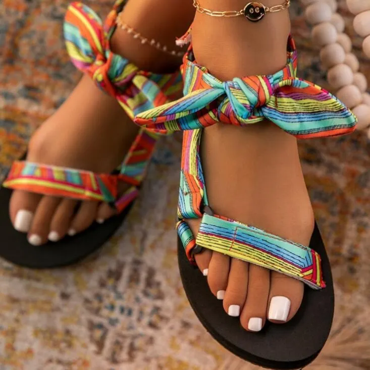 Colorful Boho Flat Sandals with Bow sold by Boho Mood