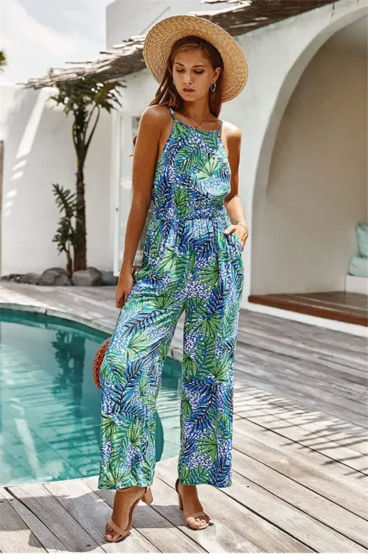 Boho Summer Tropical Jumpsuit with Blue and Green Jungle Pattern sold by Boho Mood