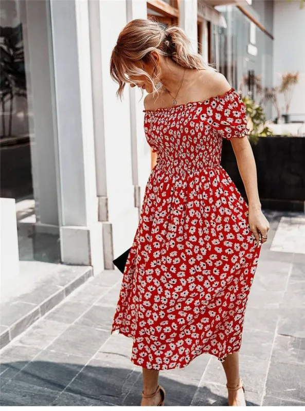 Red Boho Midi Dress with Flowers Printed sold by Boho Mood