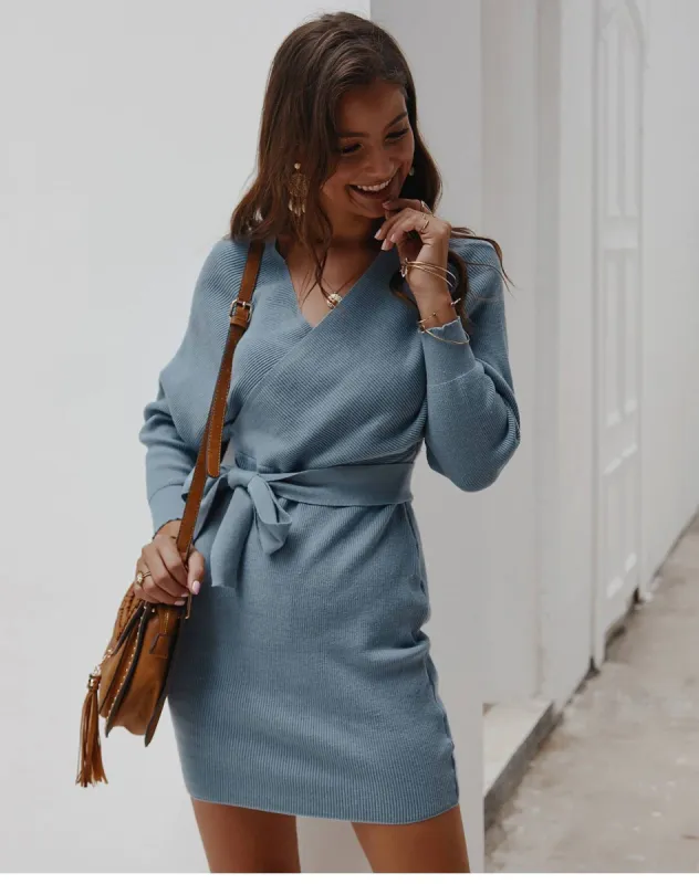 Chic Light Blue Knit Wrap Mini Dress sold by Boho Mood