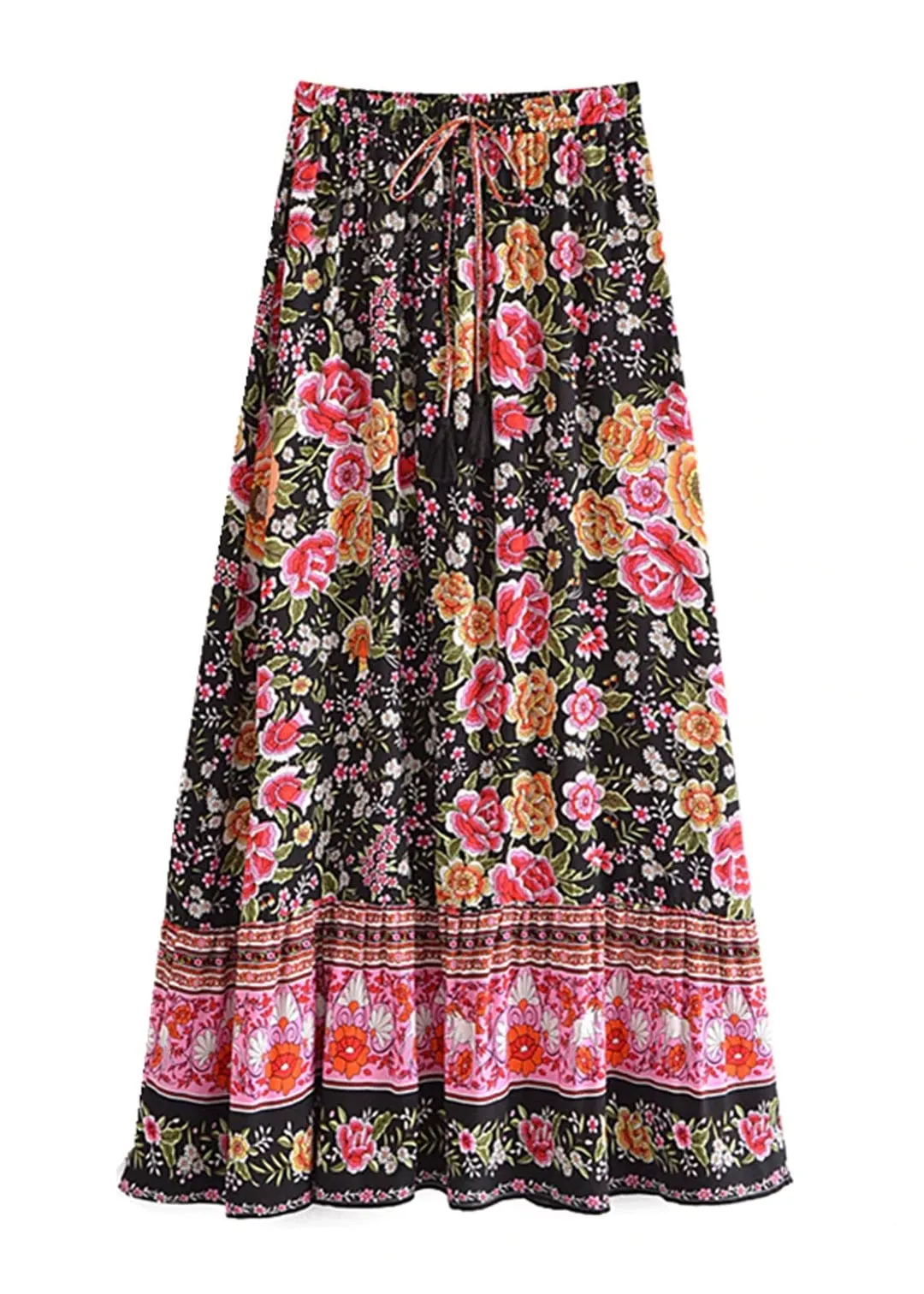 Boho black maxi skirt with floral pink pattern sold by Boho Mood