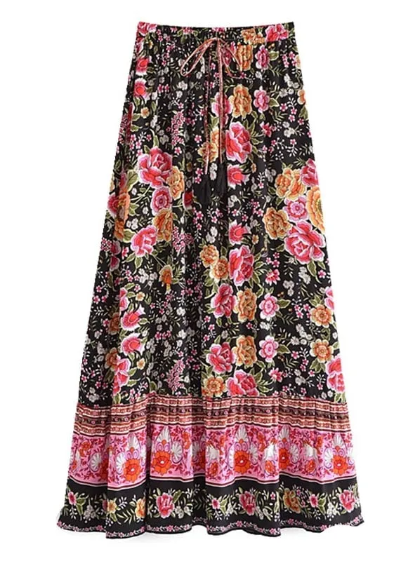 Boho black maxi skirt with floral pink pattern sold by Boho Mood product image thumbnail 2