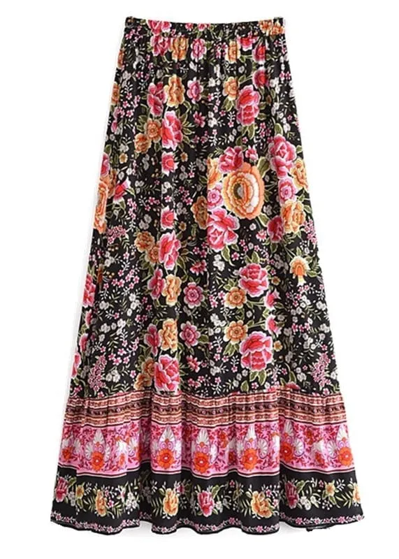 Boho black maxi skirt with floral pink pattern sold by Boho Mood product image thumbnail 3