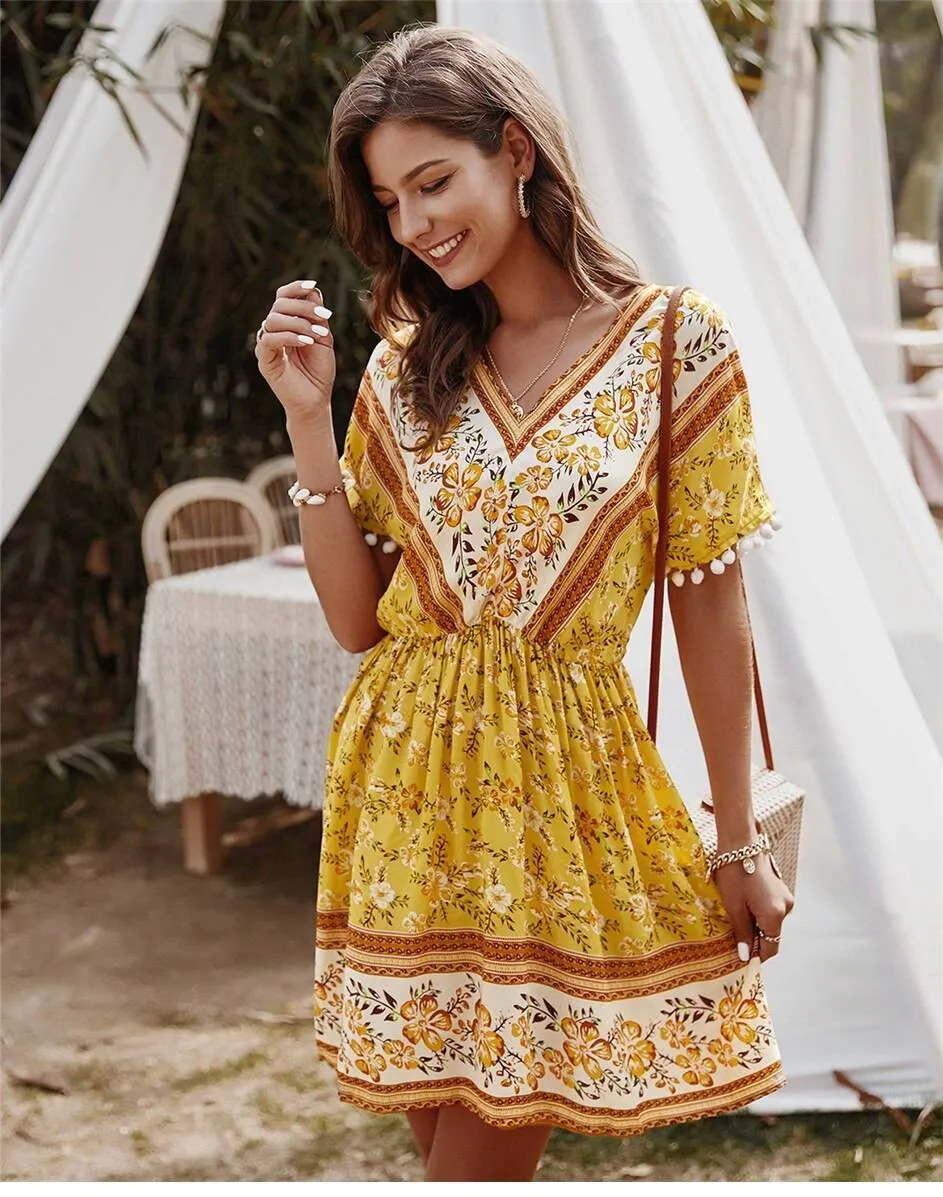 Gypsy Mini Dress in Yellow sold by Boho Mood
