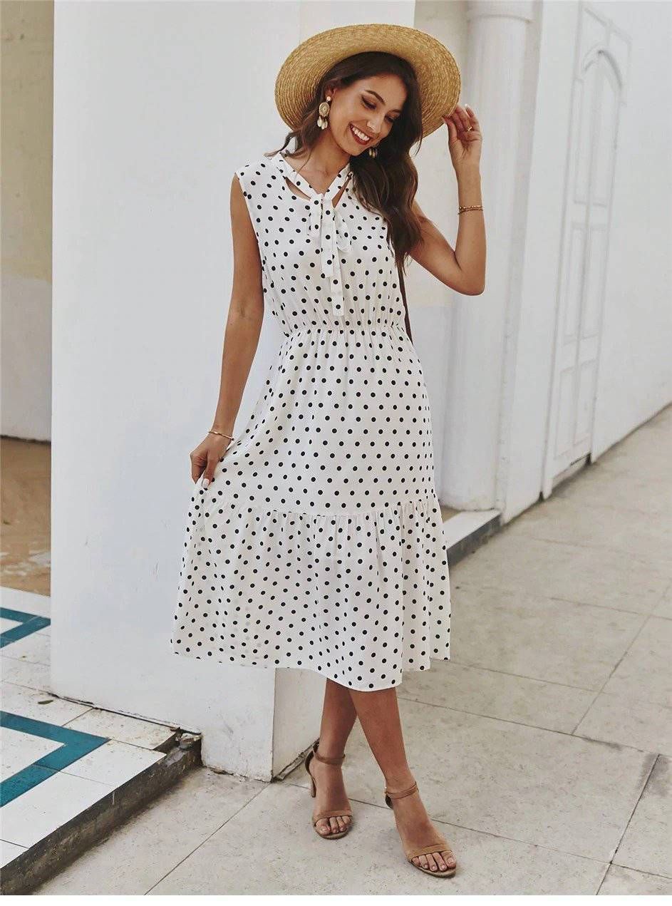 Mid-Length Hippie Dress with Polka dots Print sold by Boho Mood