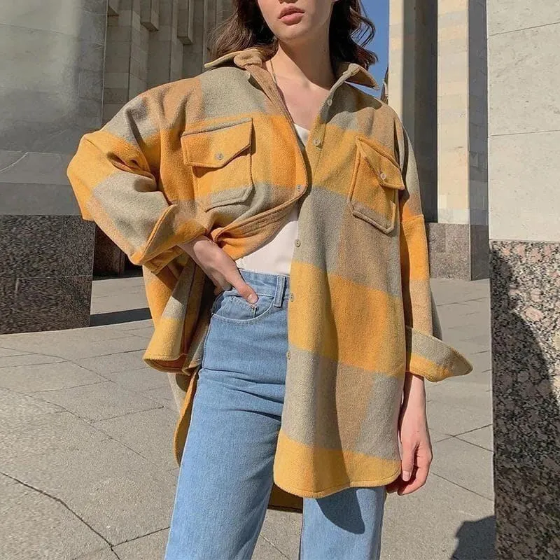 Boho Plaid Shirt Jacket in Yellow / Grey sold by Boho Mood