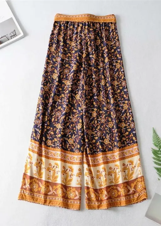 Boho Palazzo Pants in navy blue floral pattern, bow on the waist sold by Boho Mood product image thumbnail 3