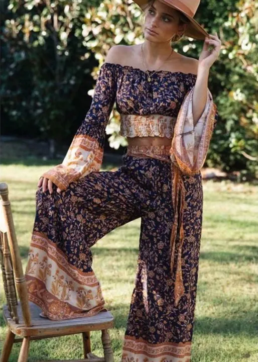 Boho Palazzo Pants in navy blue floral pattern, bow on the waist sold by Boho Mood product image thumbnail 2