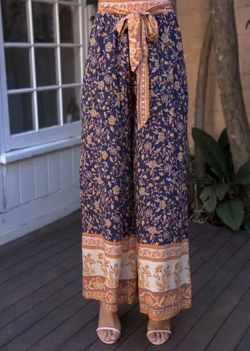 Boho Palazzo Pants in navy blue floral pattern, bow on the waist sold by Boho Mood