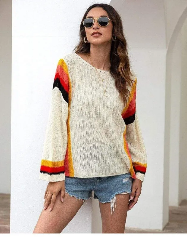 Boho White Knit Pullover Rainbow sold by Boho Mood