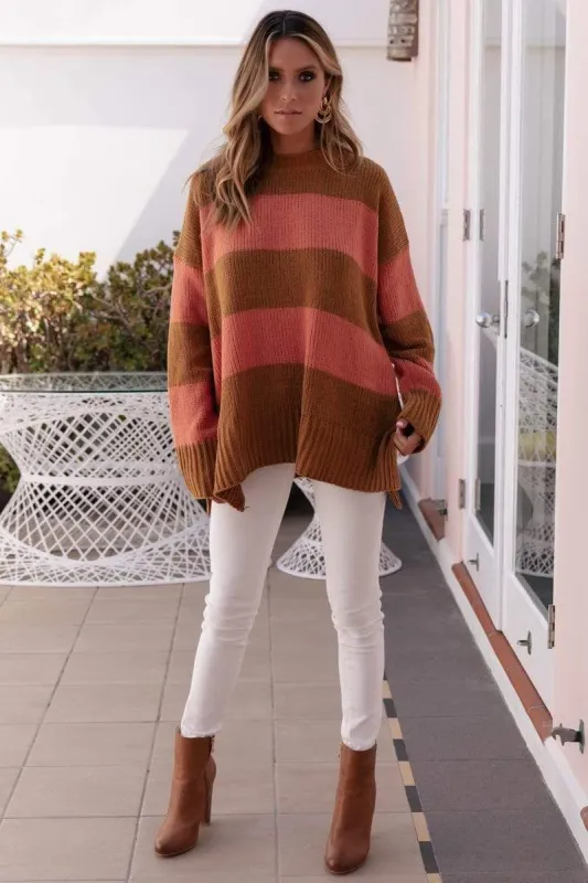 Boho Horizontal Brown & Pink Stripes Pullover sold by Boho Mood