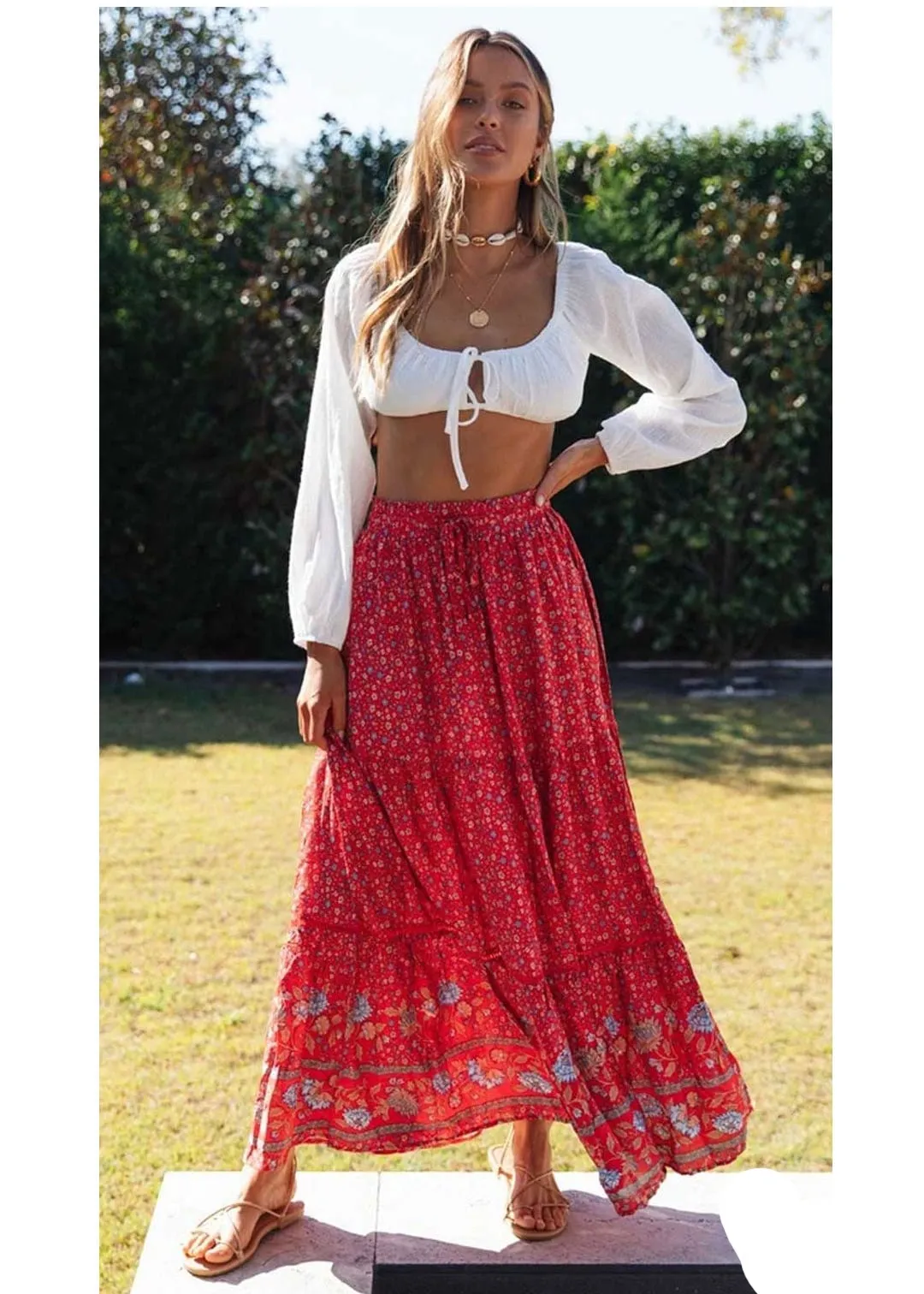 Boho Bright red maxi Skirt with floral pattern sold by Boho Mood product image thumbnail 2
