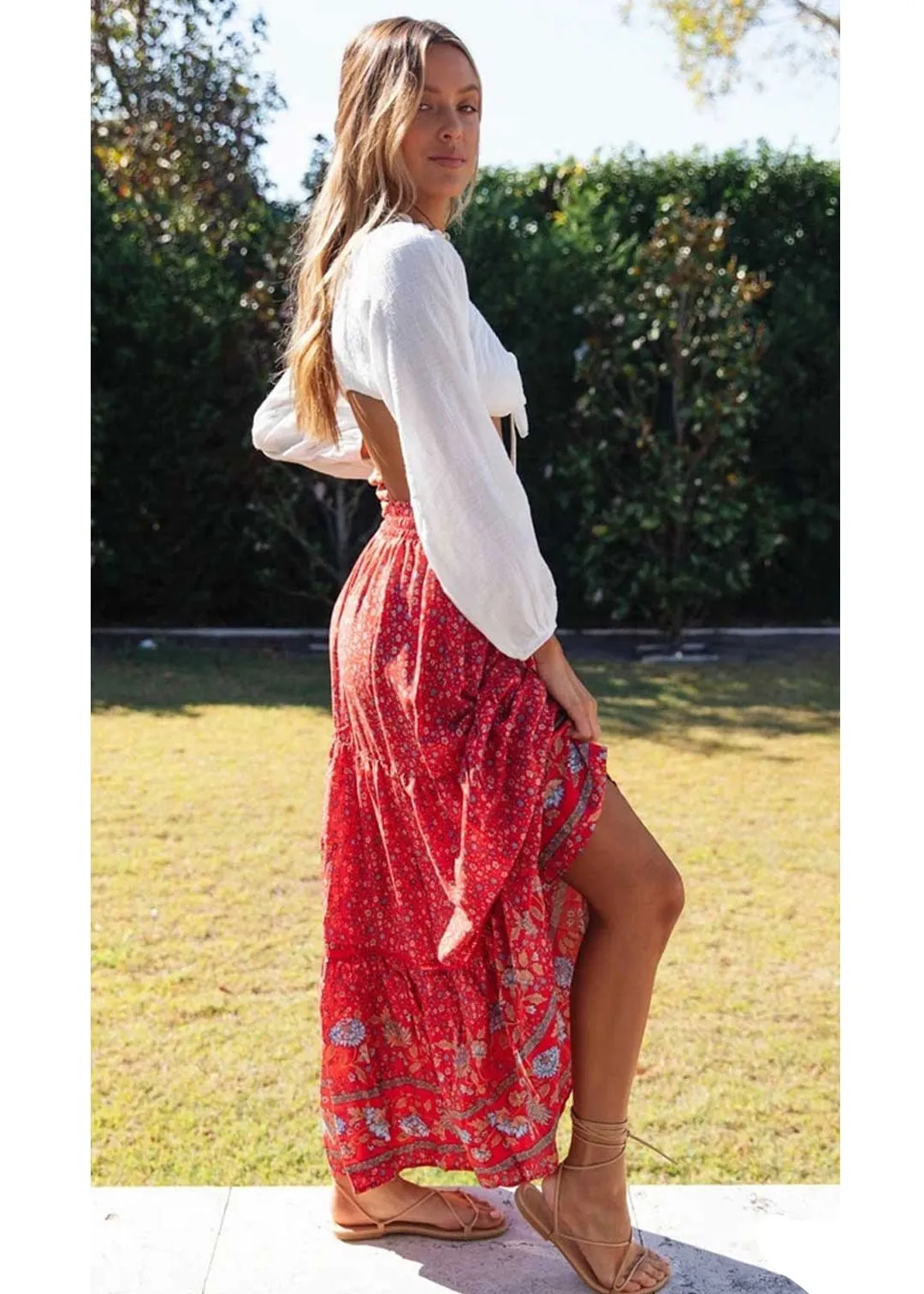 Boho Bright red maxi Skirt with floral pattern sold by Boho Mood product image thumbnail 5