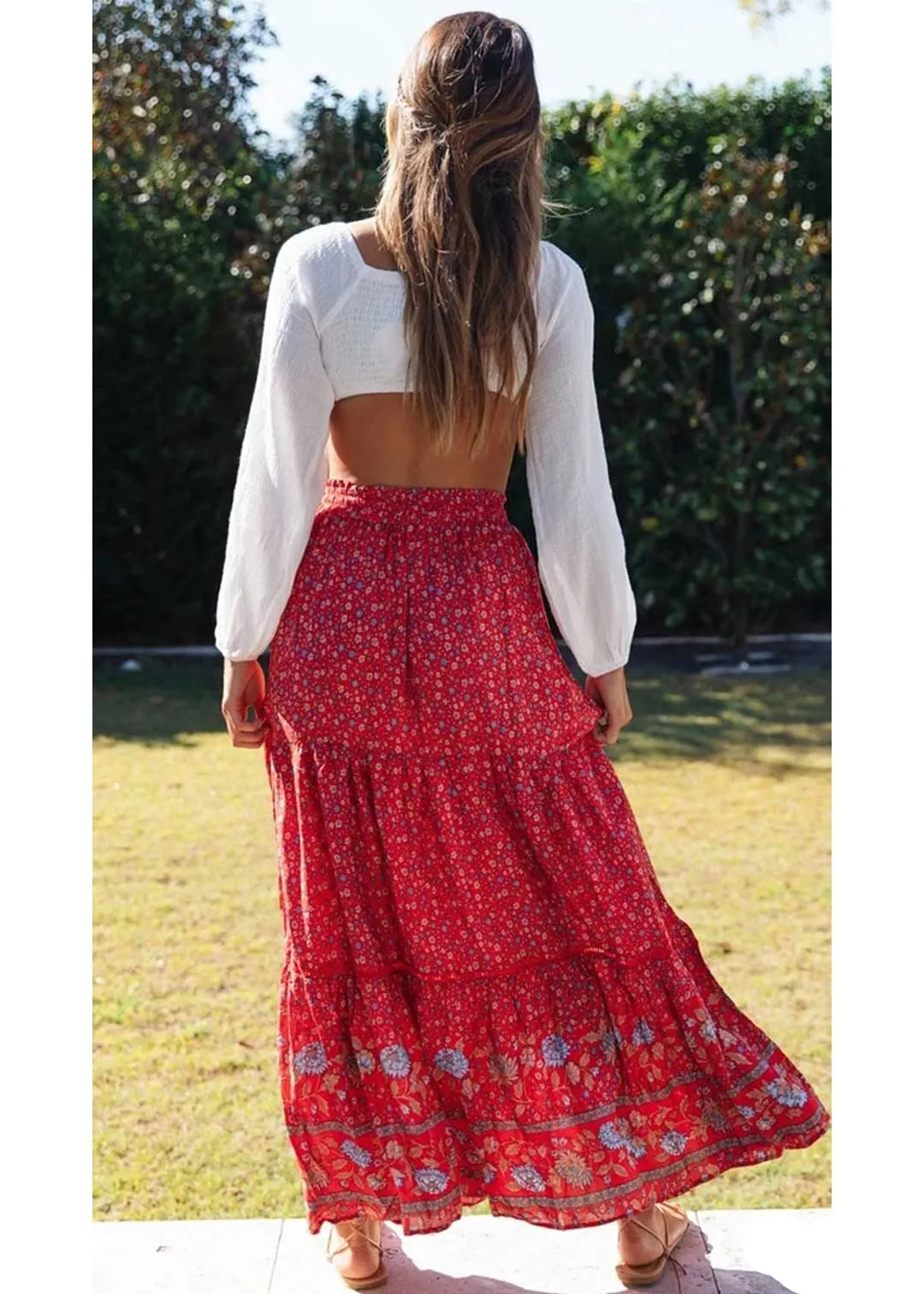 Boho Bright red maxi Skirt with floral pattern sold by Boho Mood product image thumbnail 3