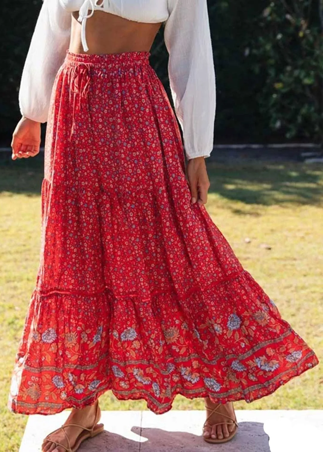 Boho Bright red maxi Skirt with floral pattern sold by Boho Mood product image thumbnail 4