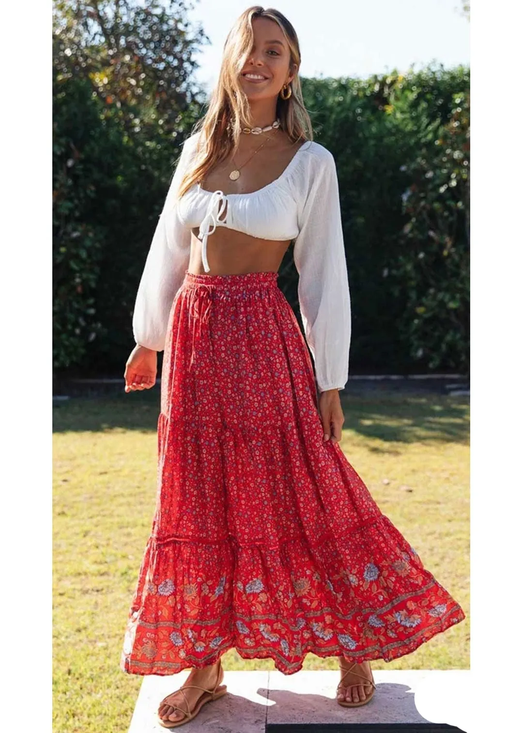 Boho Bright red maxi Skirt with floral pattern sold by Boho Mood