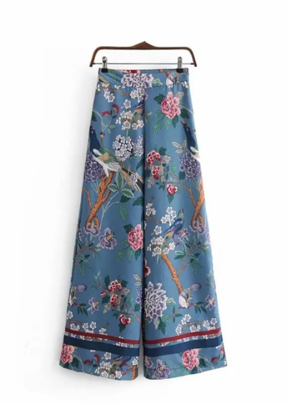 Boho Palazzo Pants in duck blue with floral pattern sold by Boho Mood