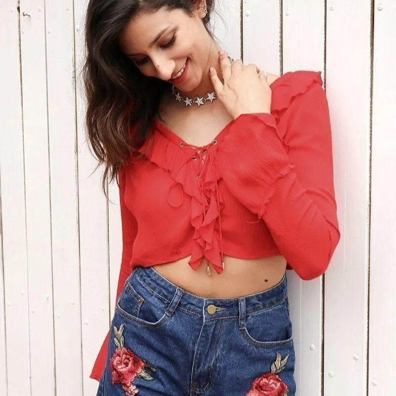 Boho Ruffled Red Crop Top sold by Boho Mood
