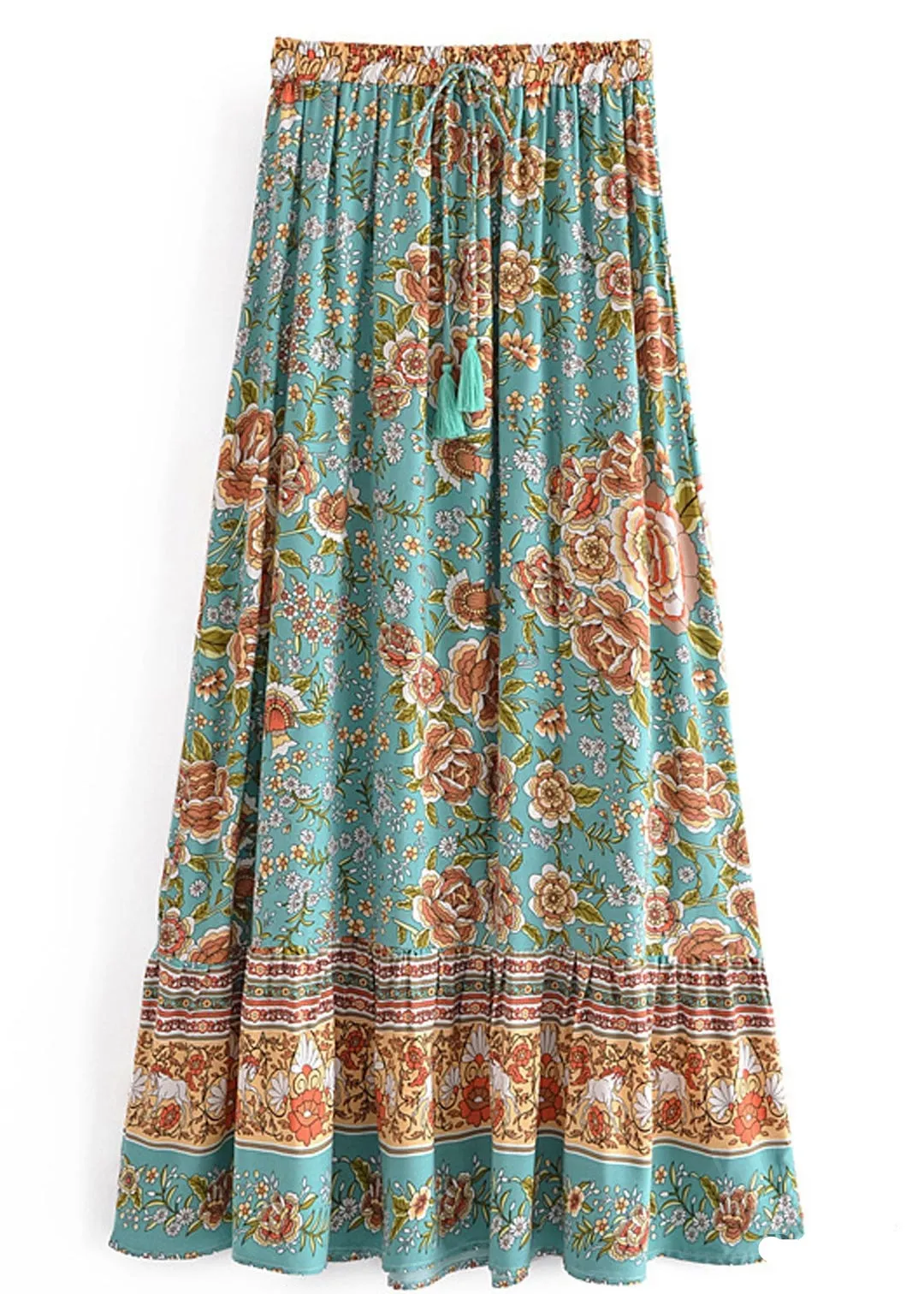 Boho Maxi skirt green floral pattern orange sold by Boho Mood