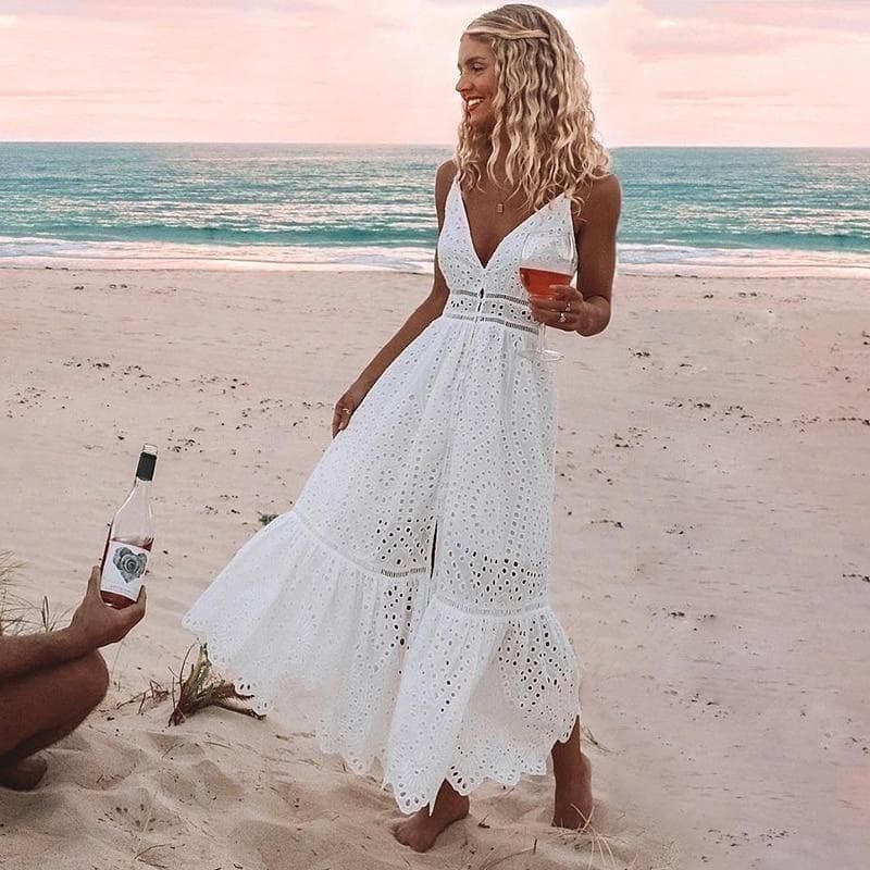 White Bohemian Hippie Midi Dress sold by Boho Mood