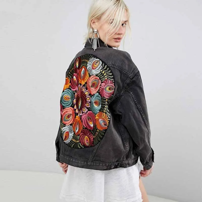 Oversized Boho denim jacket with colorful embroidery on the back sold by Boho Mood