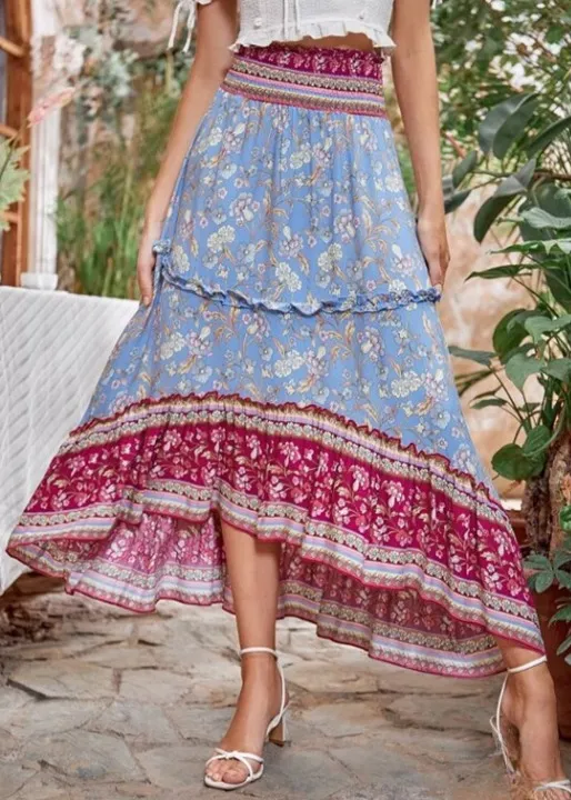 Boho Long flared Skirt with floral pattern elastic waist sold by Boho Mood product image thumbnail 3