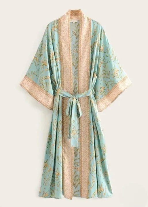 Long Floral Boho Pale Blue Kimono sold by Boho Mood product image thumbnail 4