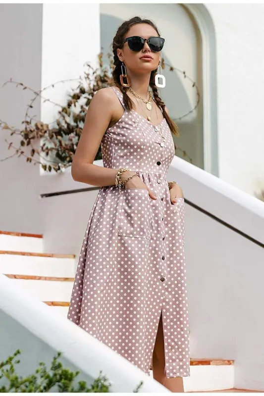 Boho Midi Dress with White Polka dots in Pink sold by Boho Mood
