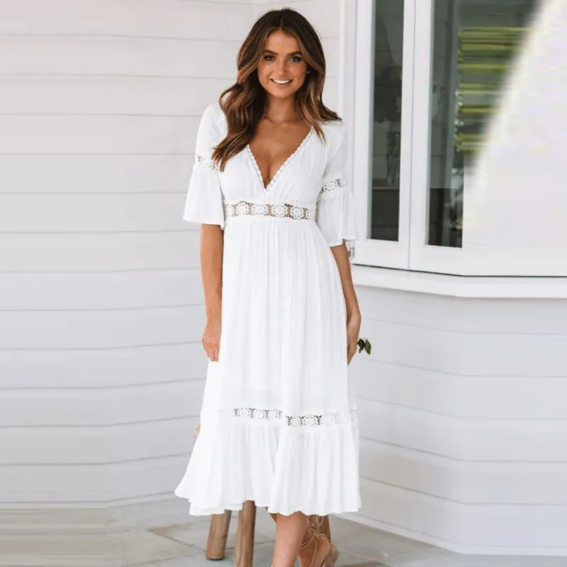 Midi Dress with embroideries in White sold by Boho Mood