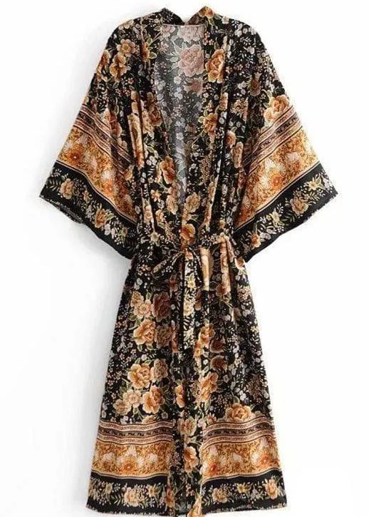 Elegant Boho Black Kimono with golden flowers sold by Boho Mood