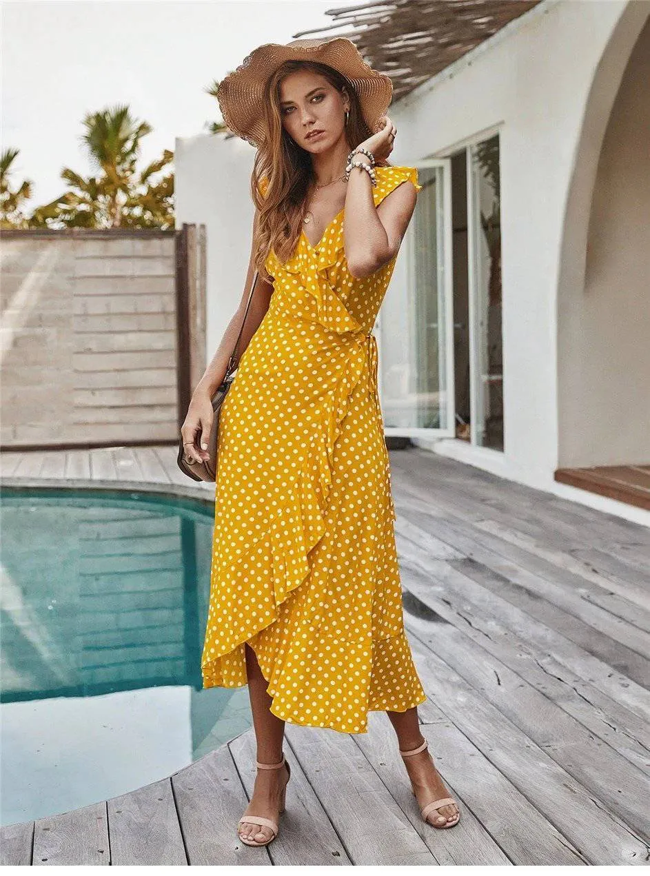 Yellow Boho Long Dress with Polka pots sold by Boho Mood