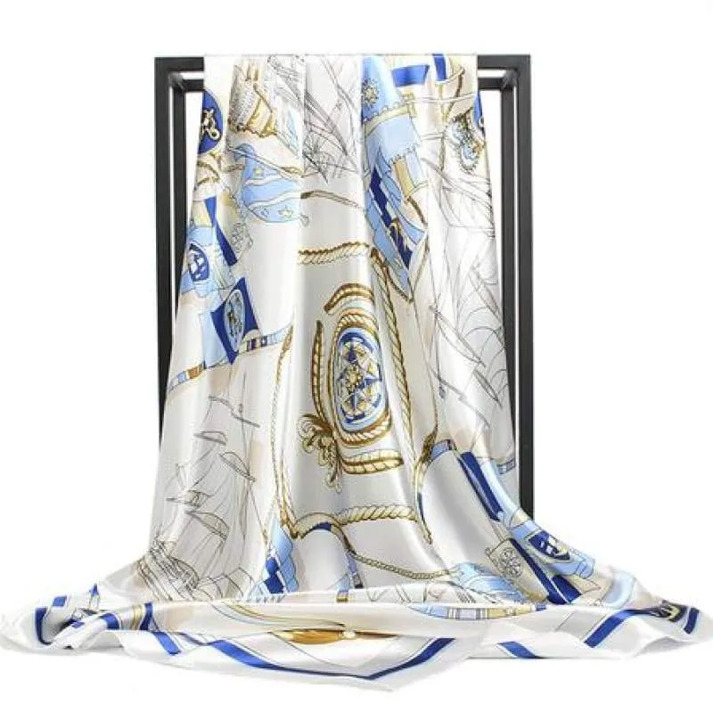 Boho retro White Scarf with blue and gold print sold by Boho Mood