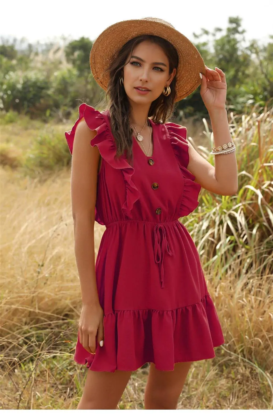 RUFFLED RED MINI HIPPIE DRESS sold by Boho Mood