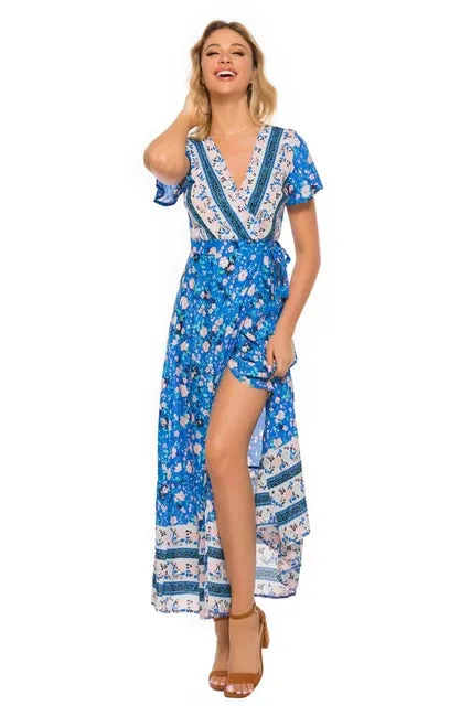 Boho Maxi Dress Bright Blue Floral sold by Boho Mood