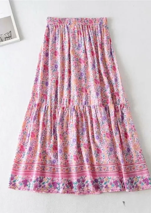 Pink boho ruffled maxi skirt with floral pattern sold by Boho Mood product image thumbnail 4