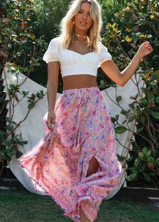 Pink boho ruffled maxi skirt with floral pattern sold by Boho Mood product image thumbnail 2