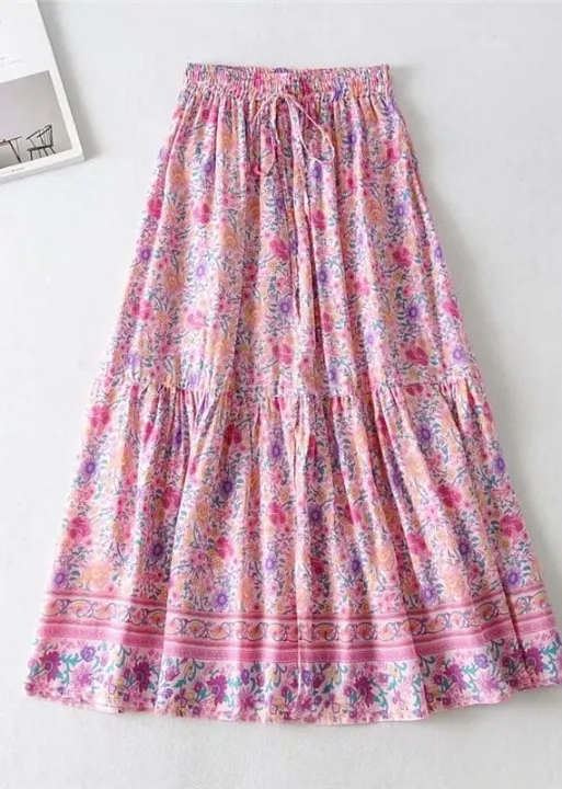 Pink boho ruffled maxi skirt with floral pattern sold by Boho Mood product image thumbnail 5