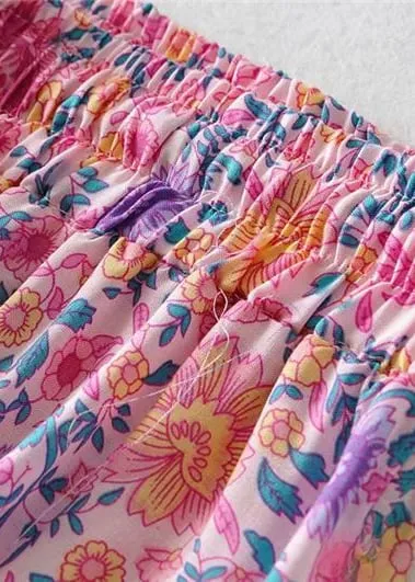Pink boho ruffled maxi skirt with floral pattern sold by Boho Mood product image thumbnail 3