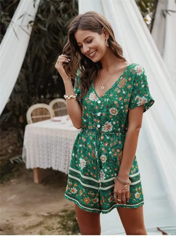 Gypsy Mini Dress in Green with Floral Print sold by Boho Mood